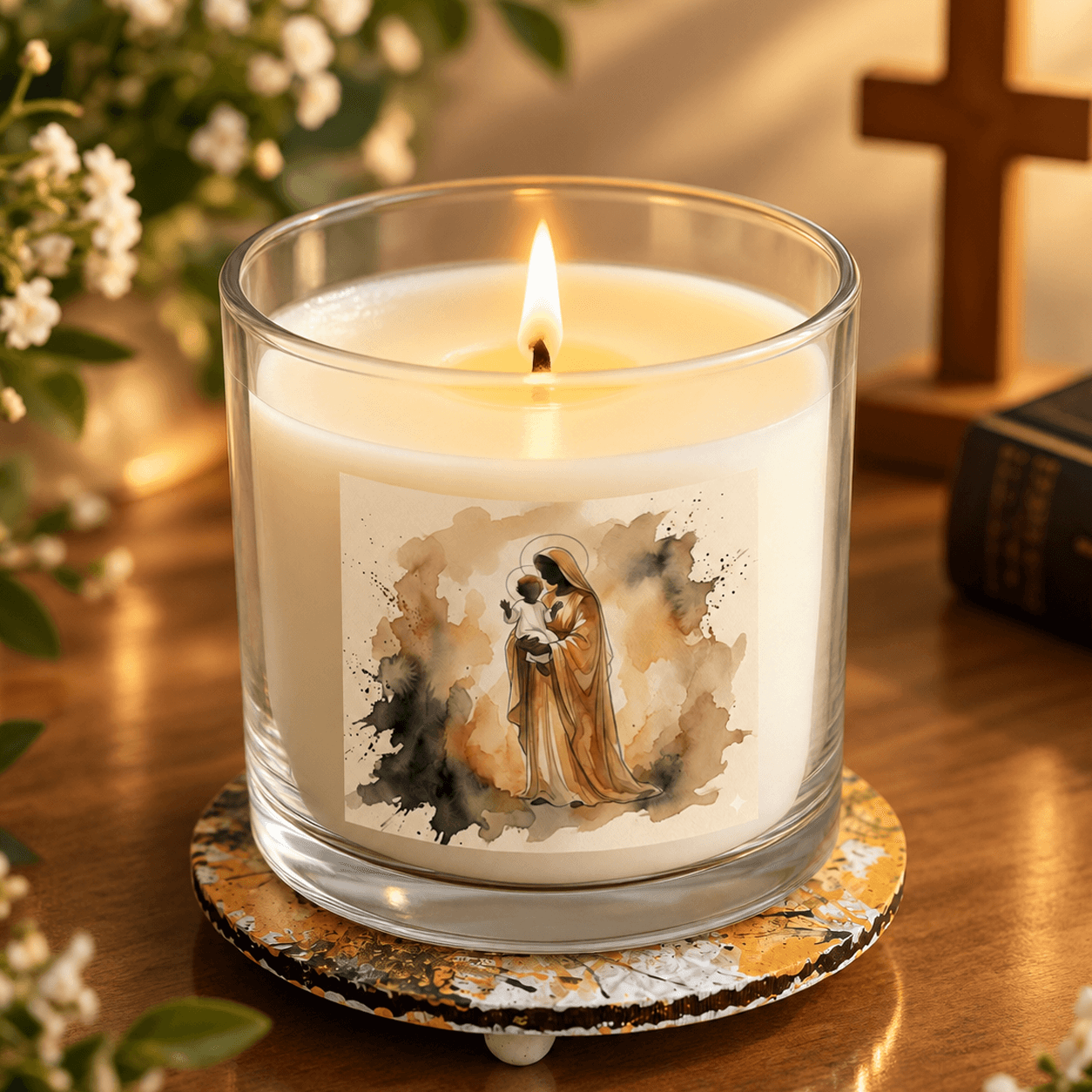 Vela artesanal devocional  Virgem Maria e o Menino Jesus